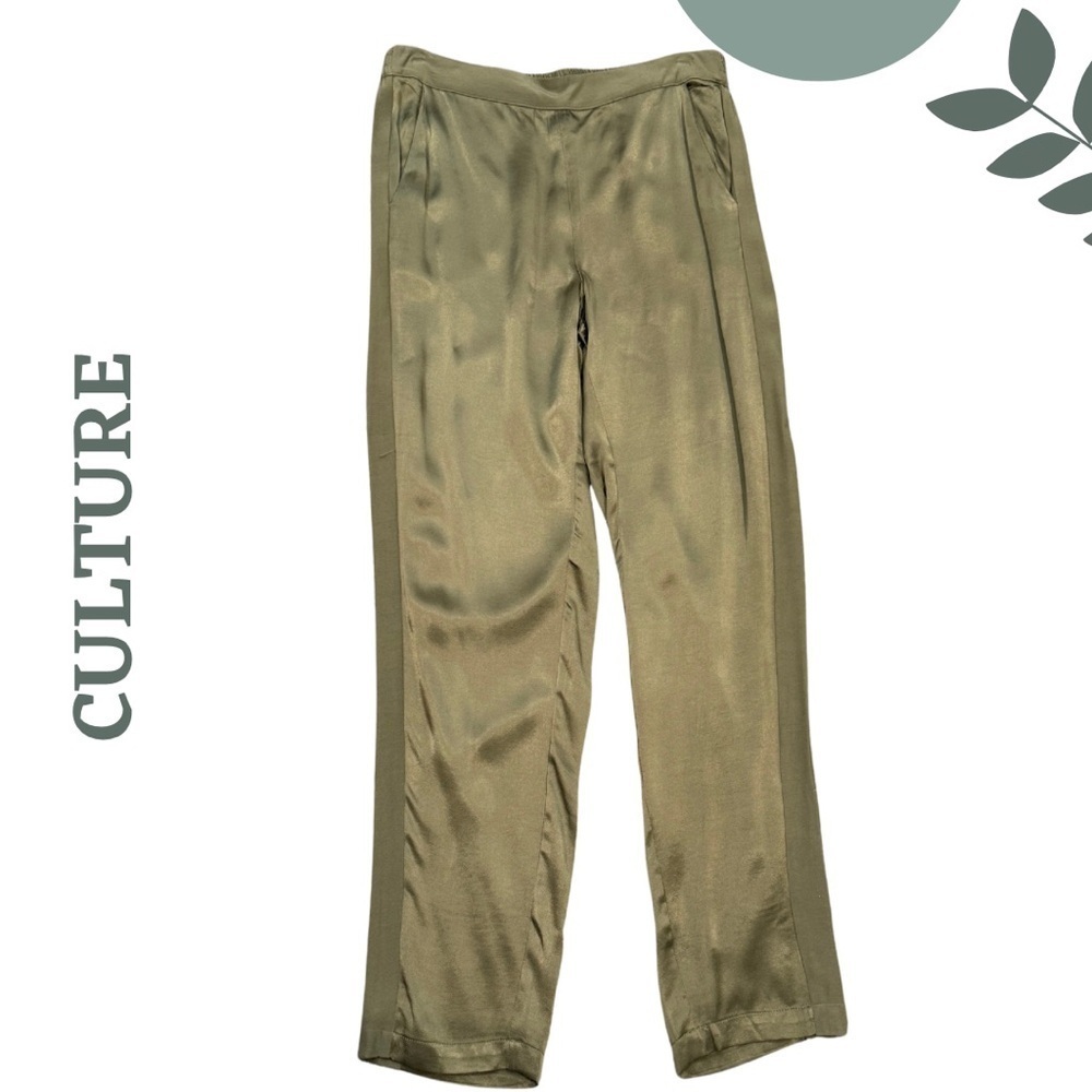 CULTURE CUJosina Satin Viscose Wide-Leg Pants – Olive Green – Size Large